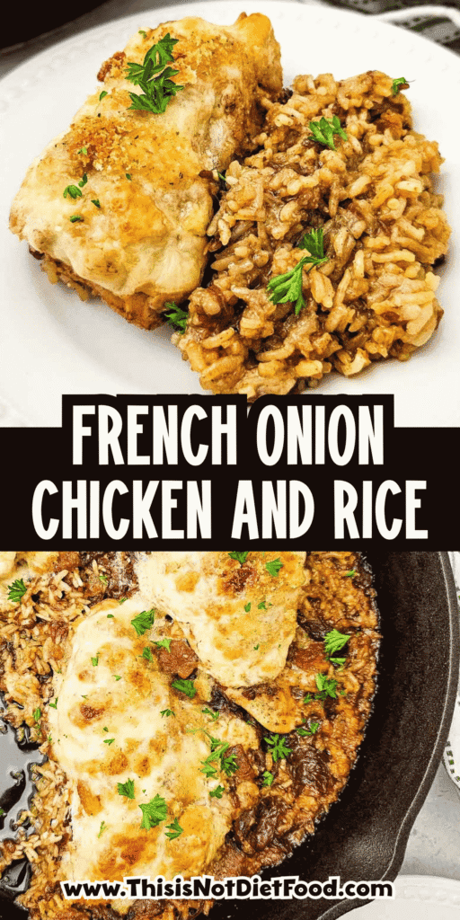 This Skillet French Onion Chicken and Rice is an easy one-pan dinner packed with cozy comfort food flavor. Tender chicken breasts bake over fluffy long grain rice in a rich mixture of French onion soup, beef consomme and butter, then get topped with creamy onion soup sour cream, crunchy croutons and melty Provolone cheese. This hearty chicken and rice skillet is perfect for busy weeknights, family dinners, cold weather meals and simple oven baked chicken recipes. If you love French onion chicken, cheesy chicken and rice, baked chicken breast recipes, skillet dinners, one pan chicken recipes and easy comfort food casseroles, this savory dinner belongs on your meal plan. A rich, satisfying recipe with minimal prep and big flavor.