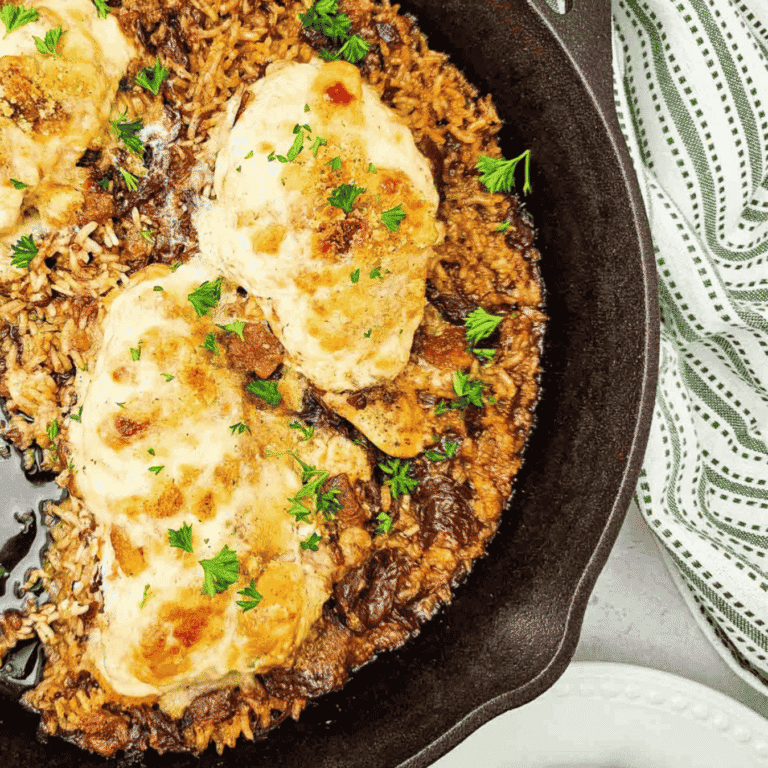 This Skillet French Onion Chicken and Rice is an easy one-pan dinner packed with cozy comfort food flavor. Tender chicken breasts bake over fluffy long grain rice in a rich mixture of French onion soup, beef consomme and butter, then get topped with creamy onion soup sour cream, crunchy croutons and melty Provolone cheese. This hearty chicken and rice skillet is perfect for busy weeknights, family dinners, cold weather meals and simple oven baked chicken recipes. If you love French onion chicken, cheesy chicken and rice, baked chicken breast recipes, skillet dinners, one pan chicken recipes and easy comfort food casseroles, this savory dinner belongs on your meal plan. A rich, satisfying recipe with minimal prep and big flavor.