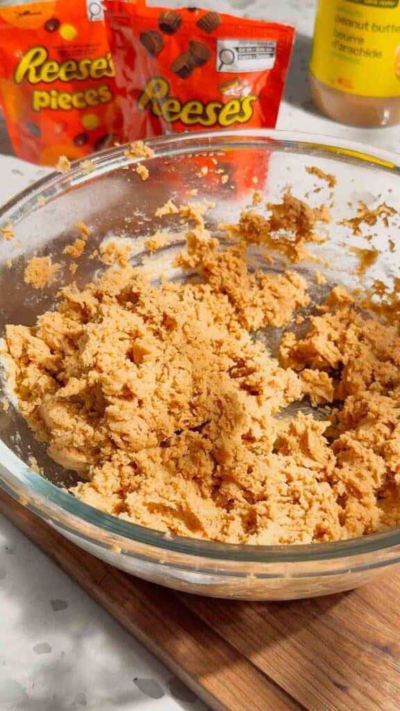peanut butter cream cheese mixture in a mixing bowl