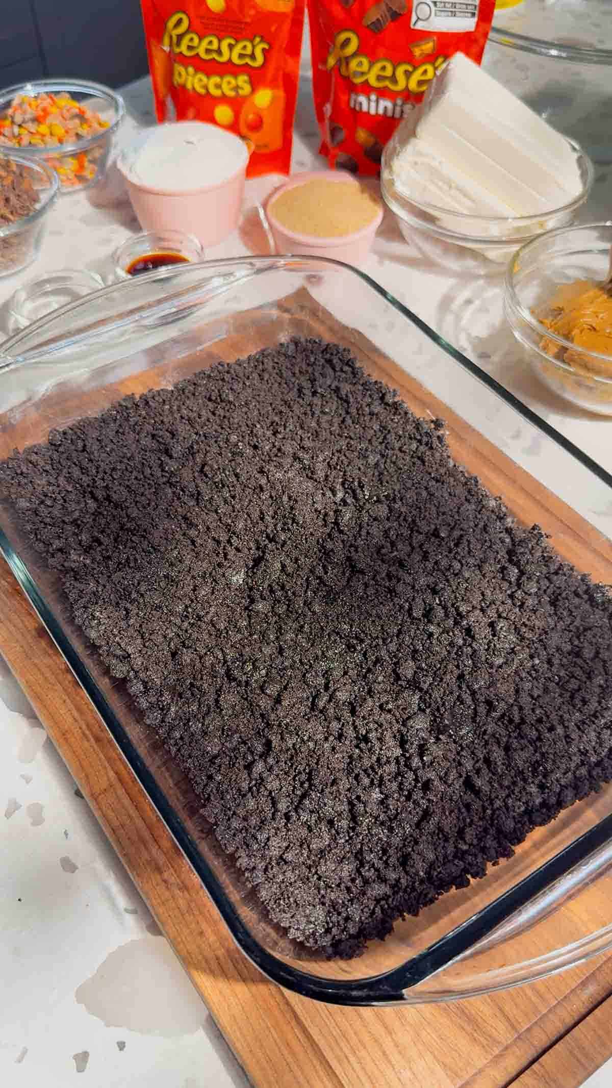 oreo crust in a 9 x 16 inch baking dish