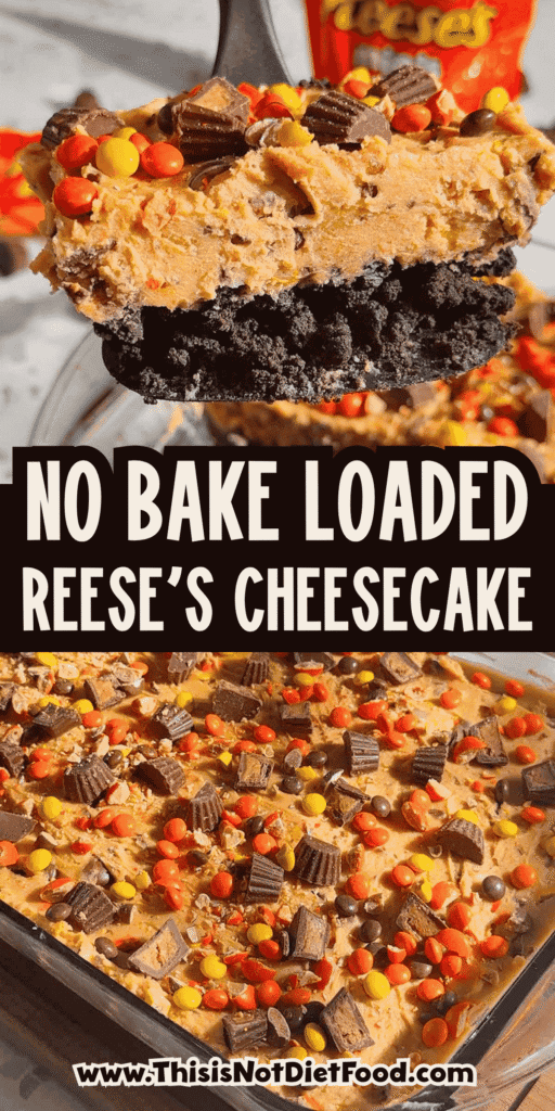 This No Bake Loaded Reese’s Cheesecake is the ultimate peanut butter chocolate dessert for Reese’s lovers! Made with an Oreo cookie crust, creamy peanut butter cheesecake filling, Cool Whip, mini Reese’s peanut butter cups, and Reese’s Pieces, this easy no bake cheesecake is perfect for parties, potlucks, holidays, birthdays, and family gatherings. This 9 x 13 dessert recipe is rich, sweet, creamy, crunchy, and loaded with candy in every bite. If you need easy no bake desserts, peanut butter cheesecake recipes, Oreo crust desserts, Reese’s desserts, or make ahead desserts for a crowd, this loaded Reese’s cheesecake is a must try treat!