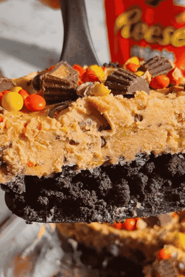 This No Bake Loaded Reese’s Cheesecake is the ultimate peanut butter chocolate dessert for Reese’s lovers! Made with an Oreo cookie crust, creamy peanut butter cheesecake filling, Cool Whip, mini Reese’s peanut butter cups, and Reese’s Pieces, this easy no bake cheesecake is perfect for parties, potlucks, holidays, birthdays, and family gatherings. This 9 x 13 dessert recipe is rich, sweet, creamy, crunchy, and loaded with candy in every bite. If you need easy no bake desserts, peanut butter cheesecake recipes, Oreo crust desserts, Reese’s desserts, or make ahead desserts for a crowd, this loaded Reese’s cheesecake is a must try treat!