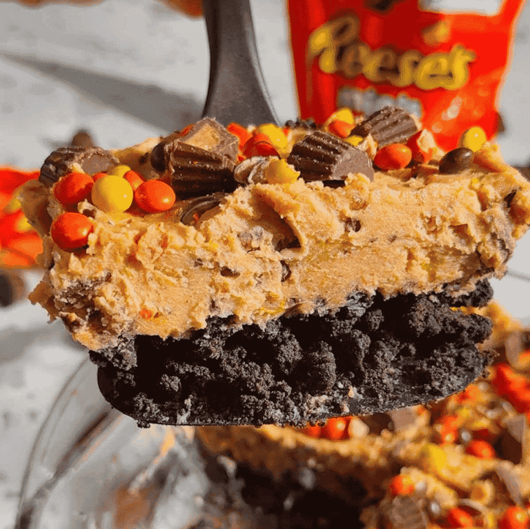 This No Bake Loaded Reese’s Cheesecake is the ultimate peanut butter chocolate dessert for Reese’s lovers! Made with an Oreo cookie crust, creamy peanut butter cheesecake filling, Cool Whip, mini Reese’s peanut butter cups, and Reese’s Pieces, this easy no bake cheesecake is perfect for parties, potlucks, holidays, birthdays, and family gatherings. This 9 x 13 dessert recipe is rich, sweet, creamy, crunchy, and loaded with candy in every bite. If you need easy no bake desserts, peanut butter cheesecake recipes, Oreo crust desserts, Reese’s desserts, or make ahead desserts for a crowd, this loaded Reese’s cheesecake is a must try treat!