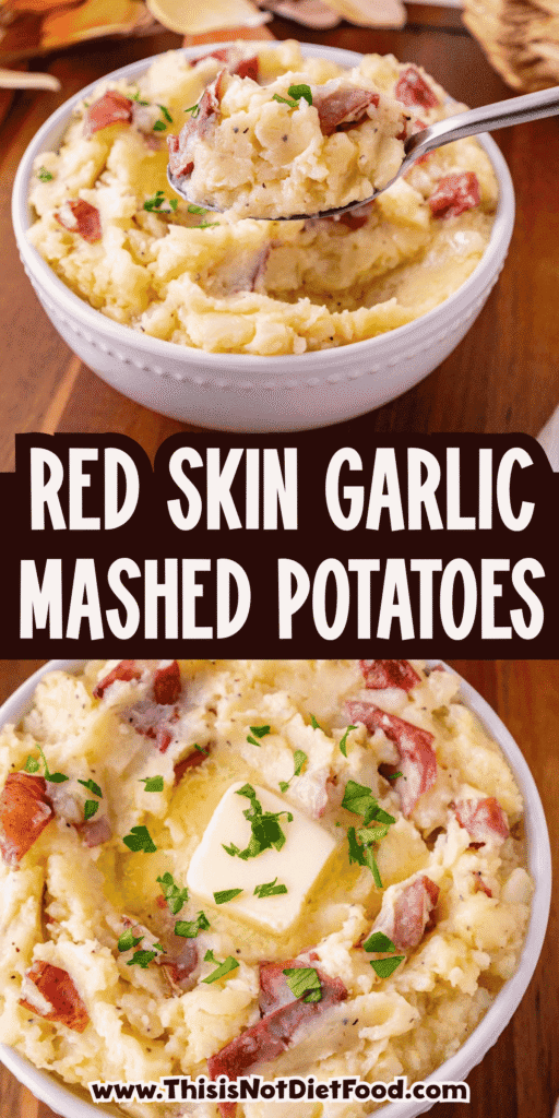 Red Skin Garlic Mashed Potatoes are an easy potato side dish made with red potatoes, butter, fresh garlic, milk, and Parmesan cheese. These creamy garlic mashed potatoes have tender potato skins in every bite, so you can skip the peeling and get this family favourite on the table in just 30 minutes. Serve these buttery Parmesan mashed potatoes with meatloaf, roast chicken, steak, or pork chops for an easy weeknight dinner. This red skin mashed potatoes recipe is also perfect for Thanksgiving dinner, Christmas dinner, Sunday supper, and holiday meals. Mash them smooth or leave them chunky, then finish with extra butter and fresh herbs. Save this homemade mashed potatoes recipe for a simple, comforting side dish everyone will want seconds of!