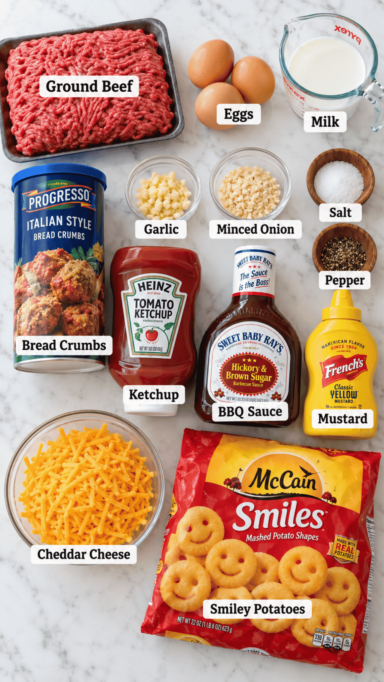 sheet pan meatloaf with smiley potatoes ingredients on the kitchen counter