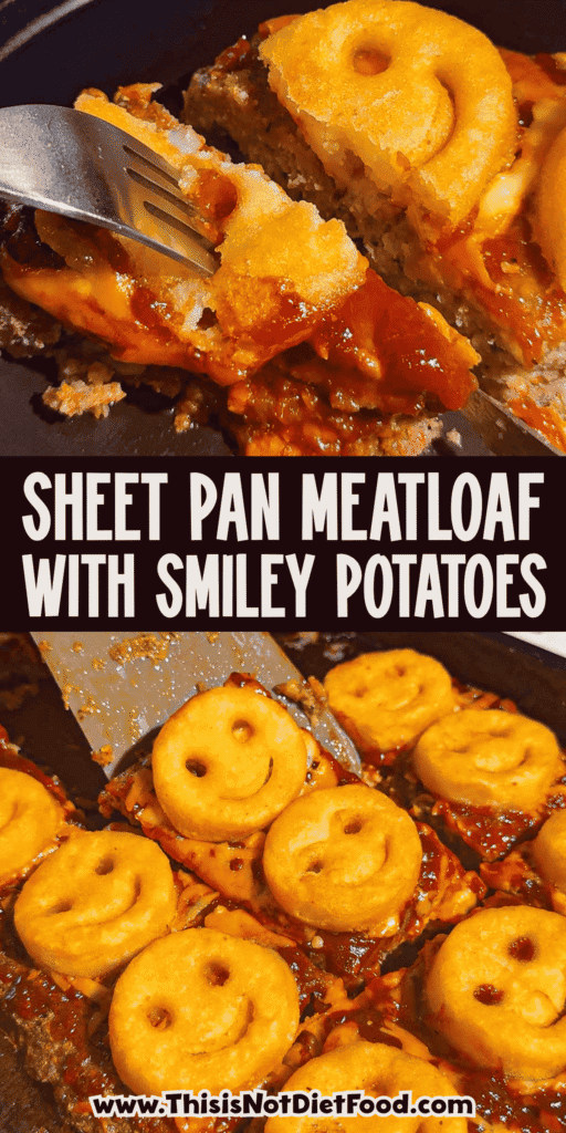 This Sheet Pan Meatloaf with Smiley Potatoes is an easy family dinner recipe loaded with seasoned ground beef, cheddar cheese, tangy ketchup BBQ sauce and crispy frozen smiley fries baked right on top. This kid friendly meatloaf recipe is perfect for busy weeknights, picky eaters, school night dinners and fun comfort food meals the whole family will love. Made with lean ground beef, bread crumbs, eggs, garlic, onions, shredded cheese and Sweet Baby Ray’s BBQ sauce, this sheet pan dinner is hearty, cheesy and simple to prep. Save this easy ground beef recipe for quick weeknight dinners, family meal ideas, meatloaf recipes, kid approved dinners, freezer potato recipes and fun dinner ideas for kids.