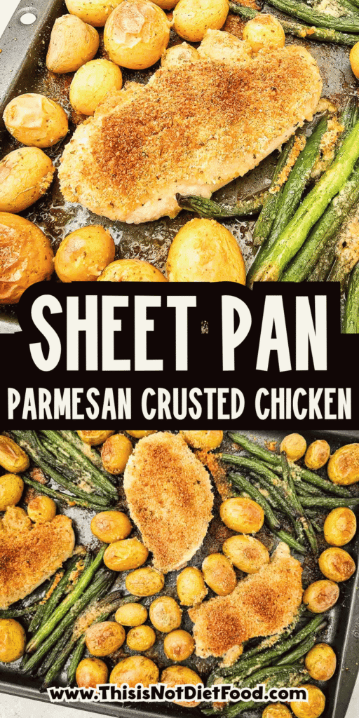 This Sheet Pan Parmesan Crusted Chicken is an easy weeknight dinner made with juicy chicken breasts, crispy Parmesan bread crumb topping, baby potatoes, and fresh green beans all roasted together on one pan. If you need simple chicken breast recipes, sheet pan dinners, one pan meals, easy family dinner ideas, or baked chicken recipes with vegetables, this hearty meal is a perfect choice. The Parmesan crust adds savory flavor and crunch while the potatoes turn tender and golden in the oven. This easy sheet pan chicken dinner is great for busy nights, meal planning, comfort food dinners, and simple recipes with minimal cleanup. Save this Parmesan chicken recipe for a cozy, fuss-free dinner everyone will love.