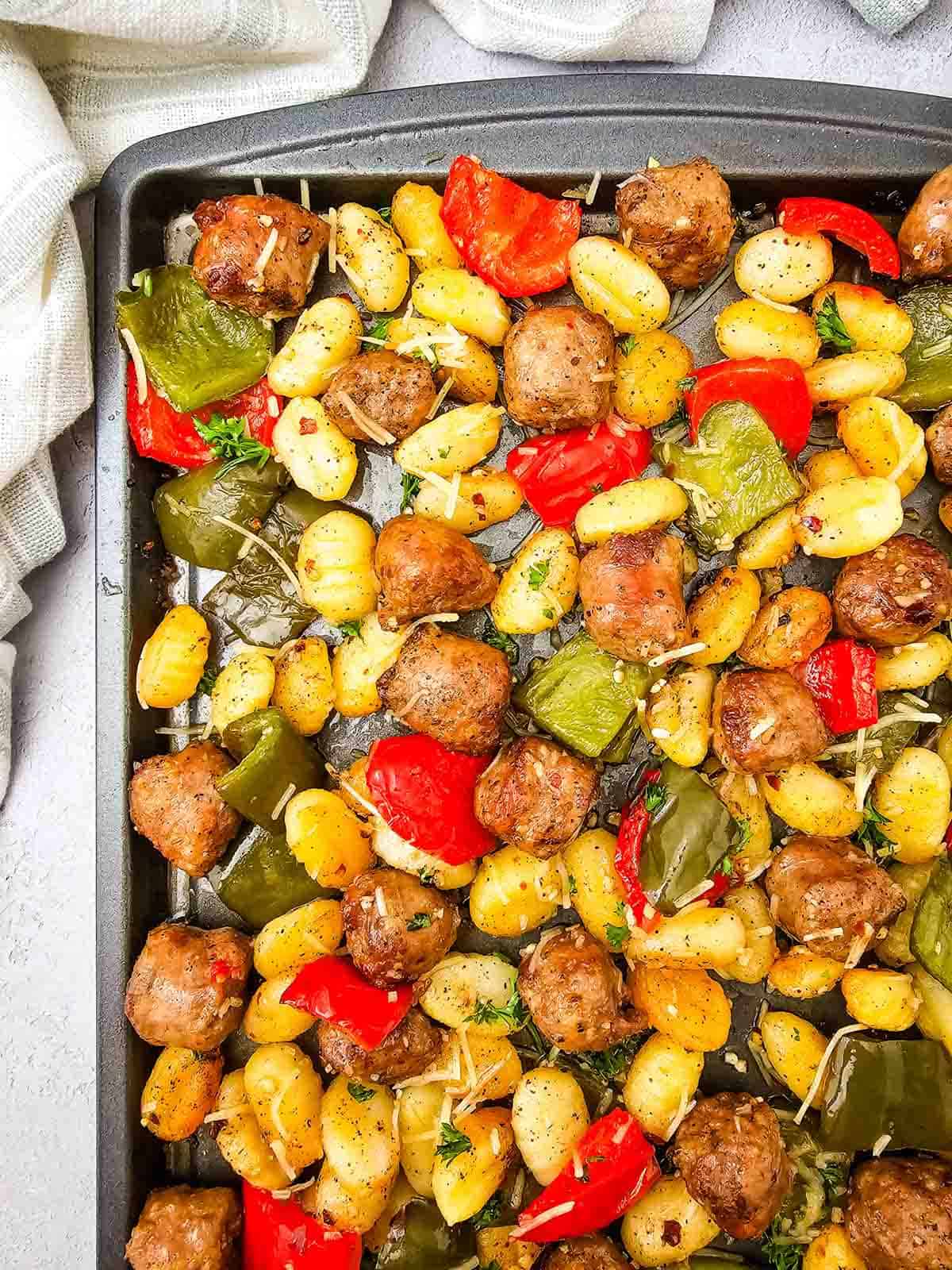 baked sheet pan sausage and gnocchi