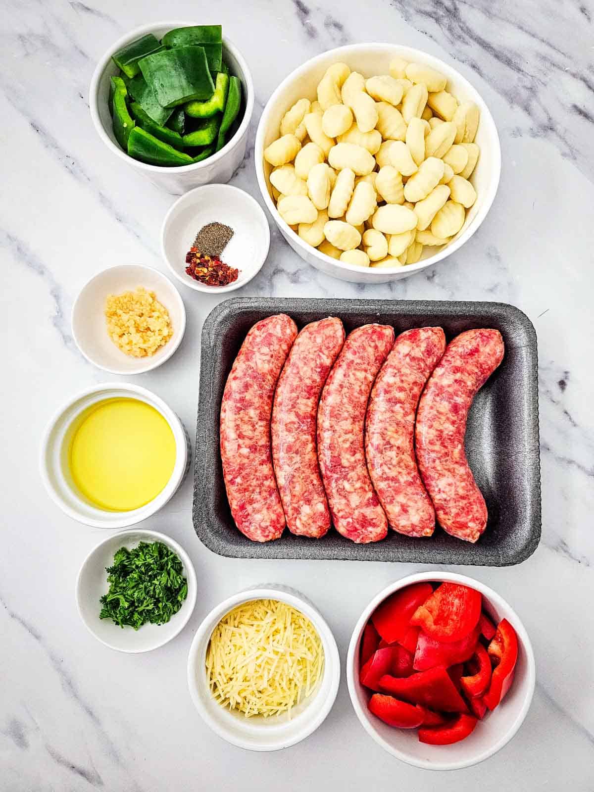 sausage and gnocchi ingredients on the kitchen counter
