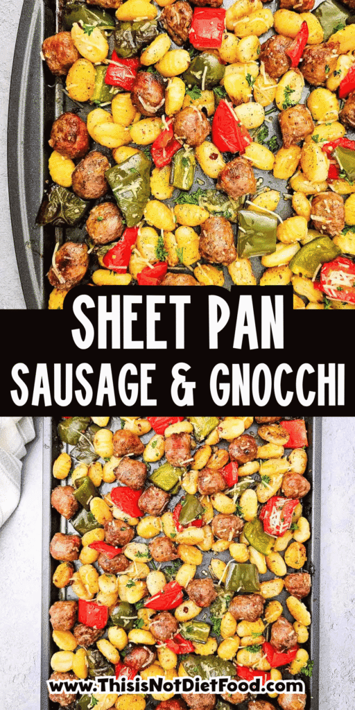 This Sheet Pan Sausage and Gnocchi recipe is an easy weeknight dinner made with Italian sausage, tender gnocchi, bell peppers, garlic, parmesan and simple seasonings all roasted together on one pan. If you need quick dinner ideas, sheet pan dinners, sausage recipes, gnocchi recipes, easy family meals or simple one pan meals, this hearty recipe is perfect. The gnocchi cooks up soft with lightly crisp edges while the sausage and peppers add tons of savory flavor. Great for busy nights, meal planning, comfort food dinners or when you want something filling without a sink full of dishes. Save this easy sheet pan sausage gnocchi dinner for a quick 30 minute meal everyone will love.