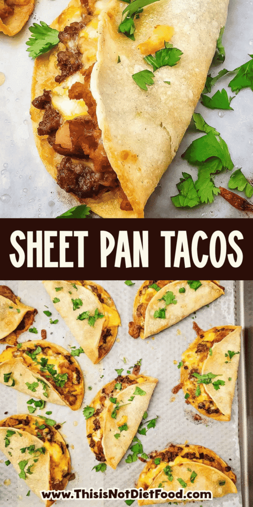 Sheet Pan Tacos are the easy taco night dinner you need when you want crispy, cheesy tacos without standing at the stove. These baked tacos are made with corn tortillas, seasoned ground beef, diced green chiles, refried beans, and sharp cheddar cheese, then baked on sheet pans until golden and crunchy. Perfect for busy weeknights, game day food, party dinners, family meals, or feeding a crowd, this simple sheet pan taco recipe keeps prep easy and cleanup minimal. Serve with sour cream, salsa, avocado, tomatoes, cilantro, or your favorite taco toppings for a fun dinner everyone can customize. If you love easy ground beef recipes, crispy tacos, baked tacos, and family friendly Mexican-inspired dinners, this recipe belongs on your menu.
