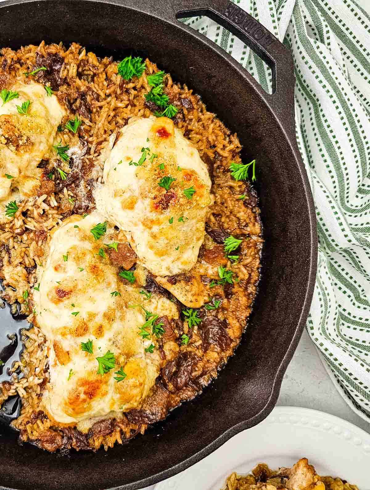 french onion chicken and rice in a skillet