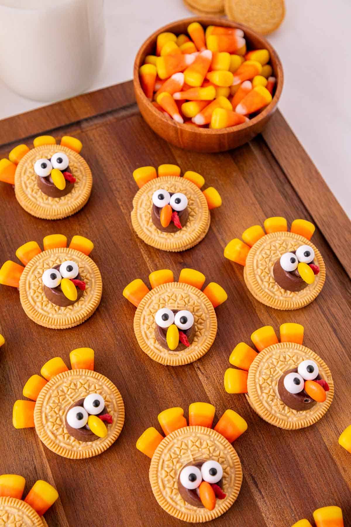 oreo turkey cookies on a cutting board
