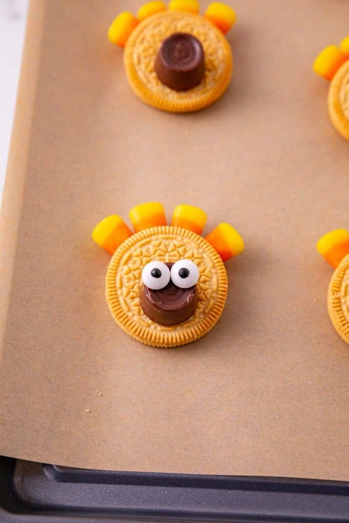 turkey cookies on a baking sheet