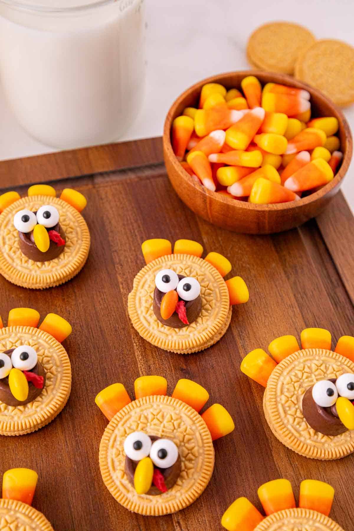 rolo golden oreo turkey cookies on a serving board