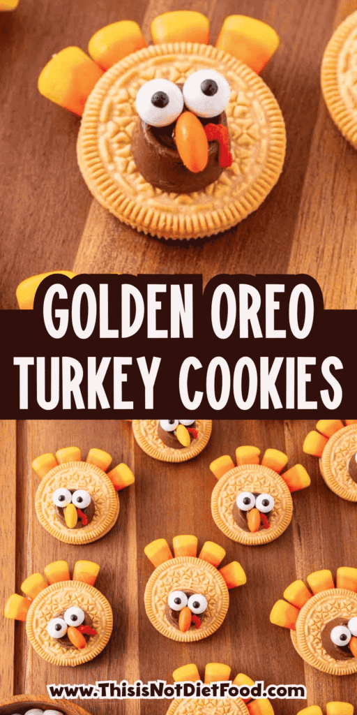 These Golden Oreo Turkey Cookies are the cutest no bake Thanksgiving treat for kids and adults. Made with Golden Oreos, Rolos, candy corn, candy eyeballs, Reese's Pieces and red decorating icing, these easy turkey cookies are perfect for Thanksgiving dessert tables, classroom parties, holiday baking trays and fun fall food ideas. This simple Oreo turkey cookie recipe comes together in about 20 minutes with melted chocolate candy melts holding everything in place. If you need Thanksgiving cookies, cute turkey desserts, no bake fall treats, Golden Oreo desserts, Thanksgiving party food, edible turkey crafts or easy holiday recipes kids can help decorate, these adorable Golden Oreo and Rolo turkeys are a festive little win for your holiday spread.