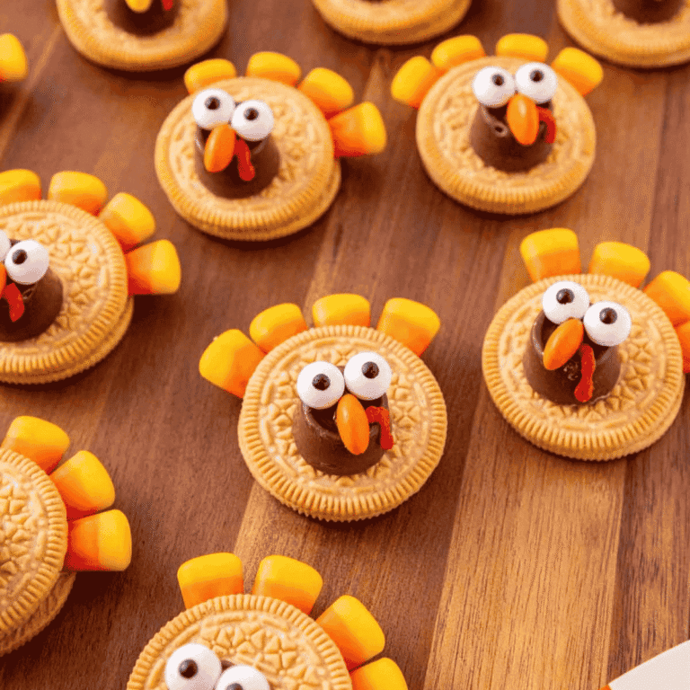 These Golden Oreo Turkey Cookies are the cutest no bake Thanksgiving treat for kids and adults. Made with Golden Oreos, Rolos, candy corn, candy eyeballs, Reese's Pieces and red decorating icing, these easy turkey cookies are perfect for Thanksgiving dessert tables, classroom parties, holiday baking trays and fun fall food ideas. This simple Oreo turkey cookie recipe comes together in about 20 minutes with melted chocolate candy melts holding everything in place. If you need Thanksgiving cookies, cute turkey desserts, no bake fall treats, Golden Oreo desserts, Thanksgiving party food, edible turkey crafts or easy holiday recipes kids can help decorate, these adorable Golden Oreo and Rolo turkeys are a festive little win for your holiday spread.