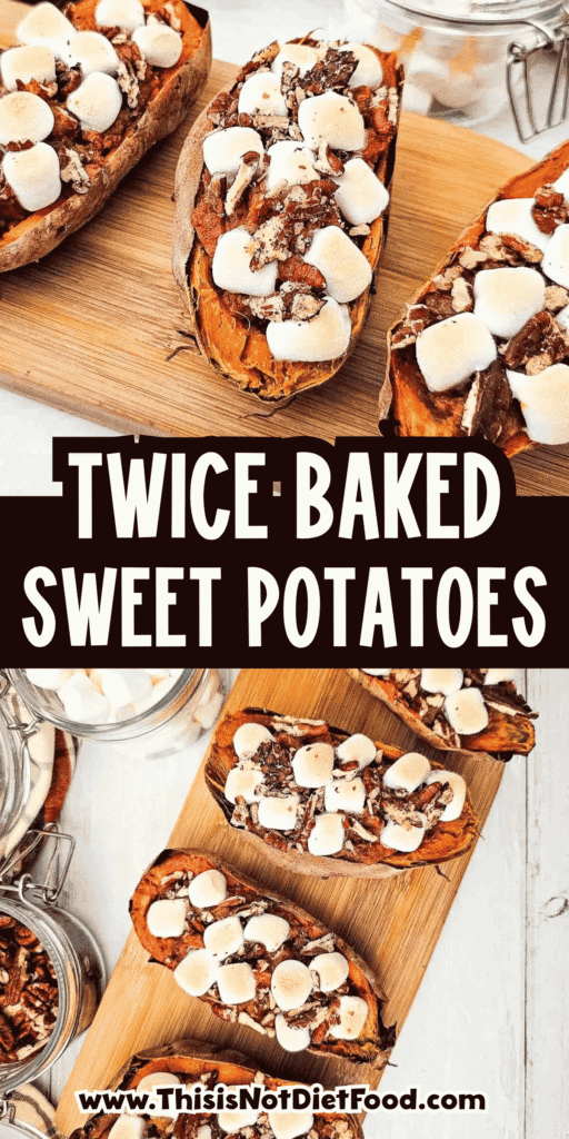 These Twice Baked Sweet Potatoes are an easy holiday side dish made with tender baked sweet potatoes, creamy cinnamon vanilla filling, mini marshmallows, and crunchy pecans. This simple sweet potato recipe is perfect for Thanksgiving dinner, Christmas dinner, fall meals, Easter sides, or cozy family dinners when you want something sweet, warm, and comforting. If you love sweet potato casserole, candied sweet potatoes, marshmallow sweet potatoes, or classic holiday side dishes, this individual twice baked version is a fun and delicious option. Serve these baked sweet potatoes with turkey, ham, chicken, pork chops, or your favorite comfort food dinner for a crowd pleasing side dish everyone will want again.