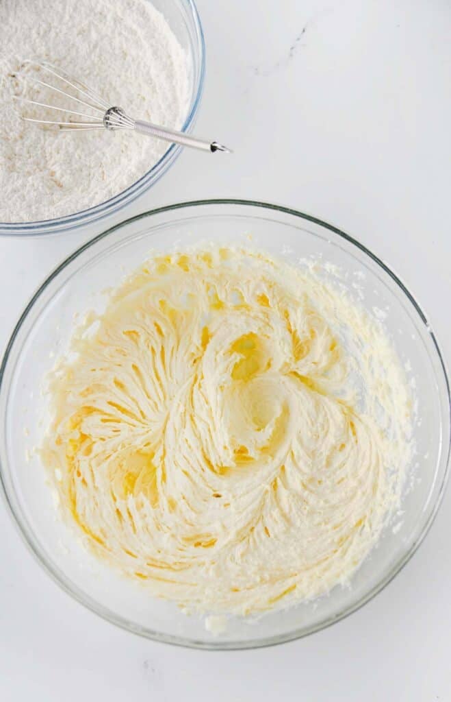 whipped cookie dough ingredients in a mixing bowl
