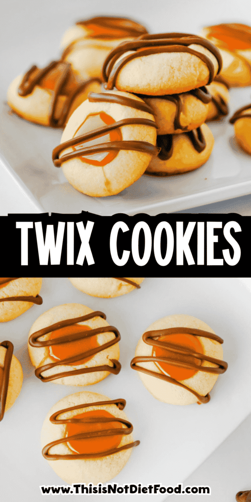 These Twix Cookies are buttery shortbread-style cookies filled with gooey caramel and drizzled with melted milk chocolate for an easy candy bar inspired dessert. This Twix Cookies recipe is perfect for Christmas cookies, holiday cookie trays, bake sales, parties, potlucks and sweet treats for caramel lovers. Made with simple ingredients like butter, sugar, egg yolks, vanilla, caramel bits, heavy cream and chocolate chips, these caramel chocolate cookies are fun to make and even better to eat. If you love easy cookie recipes, thumbprint cookies, shortbread cookies, chocolate caramel cookies or homemade Twix desserts, these sweet little cookies are a must bake for your next dessert table or cookie exchange.