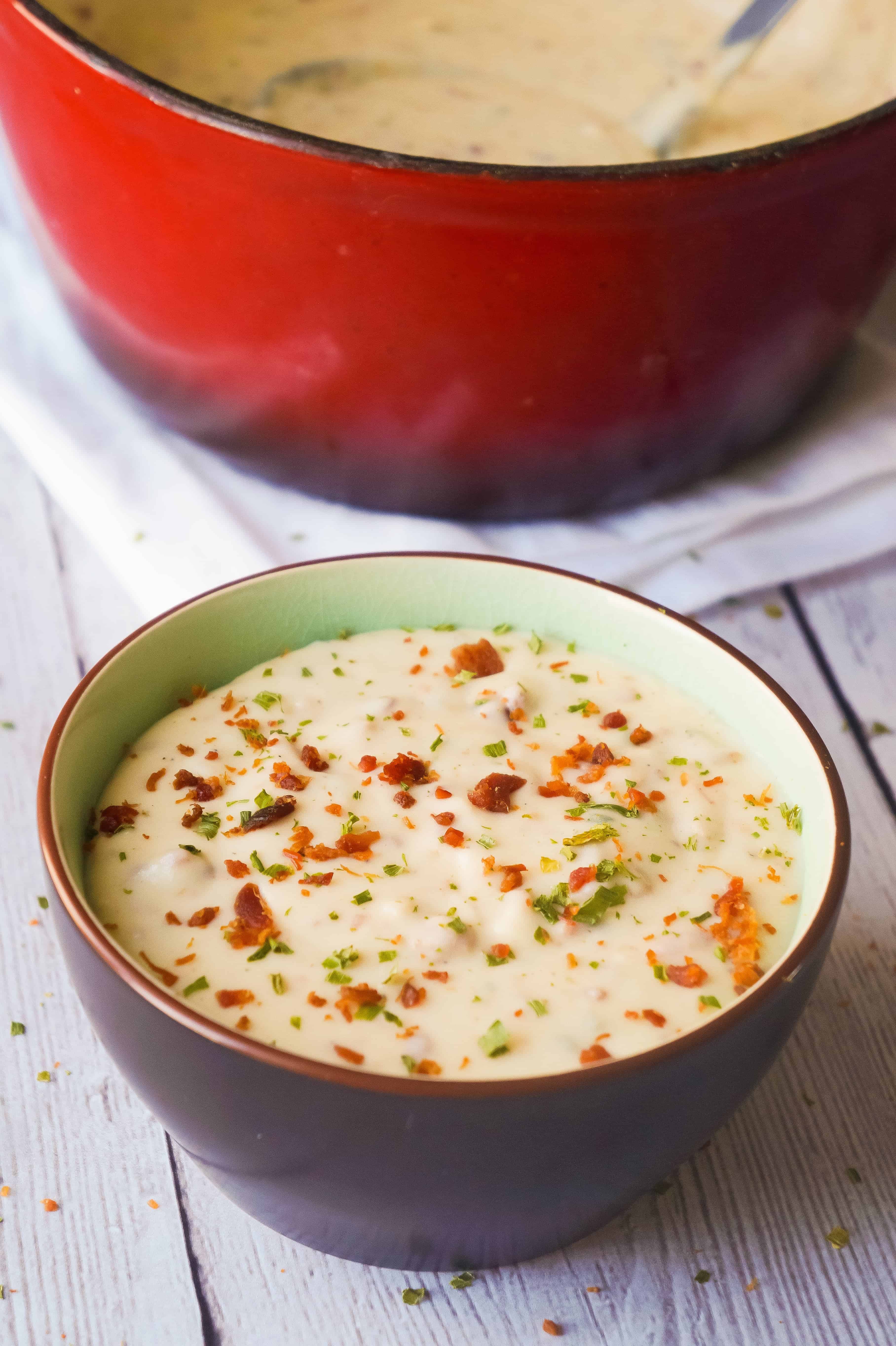 20 Minute Cream Cheese Potato Bacon Soup is the perfect cold weather dish.