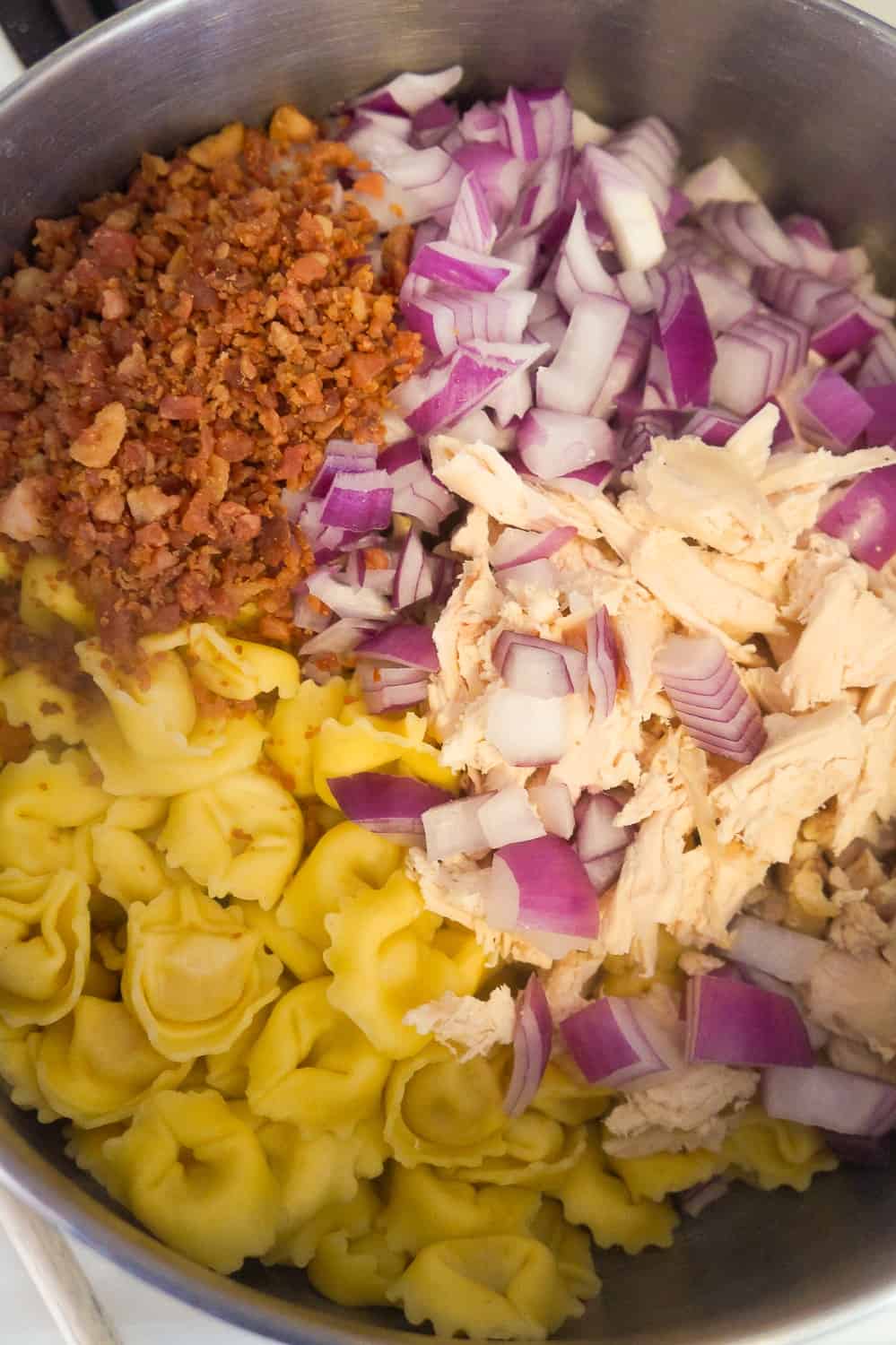 tortellini with diced red onions, real bacon bits, shredded chicken