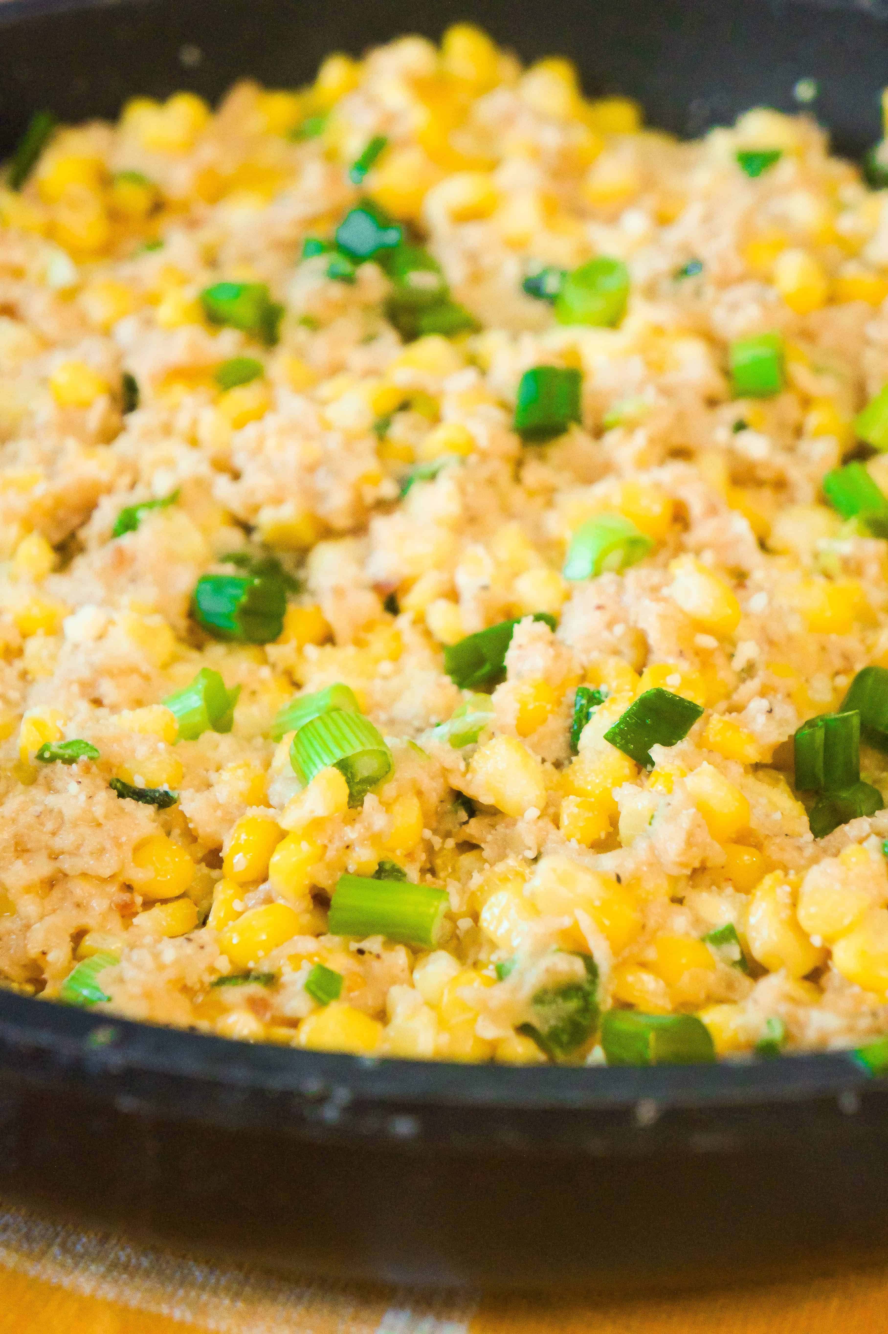 Corn Side Dish loaded with Ritz Cracker crumbs, Swiss cheese and Parmesan.