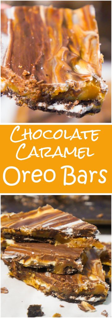 Chocolate Caramel Oreo Bars are an easy decadent recipe using Oreo Thins cookies. The Oreos are topped with creamy caramel and a mixture of semi-sweet and white chocolate. These delicious chocolate caramel squares are a great Christmas dessert recipe.