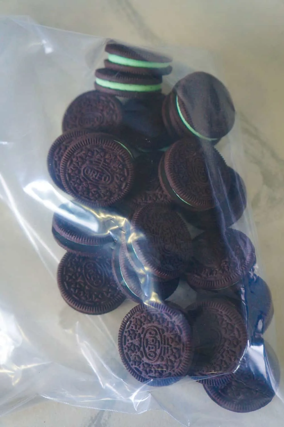 mint Oreo cookies in a Ziploc bag