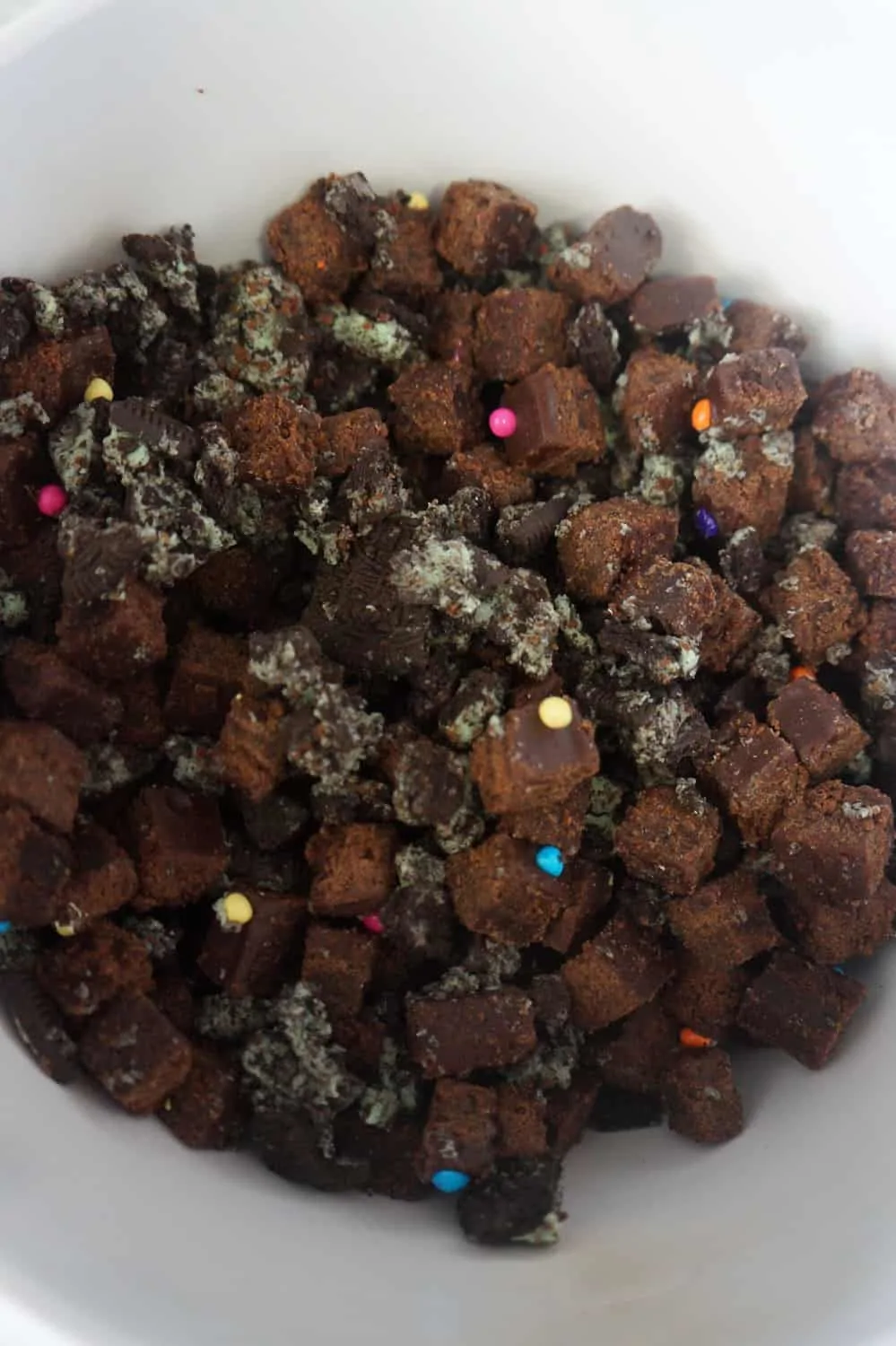 crushed mint Oreos and chopped Cosmic brownies