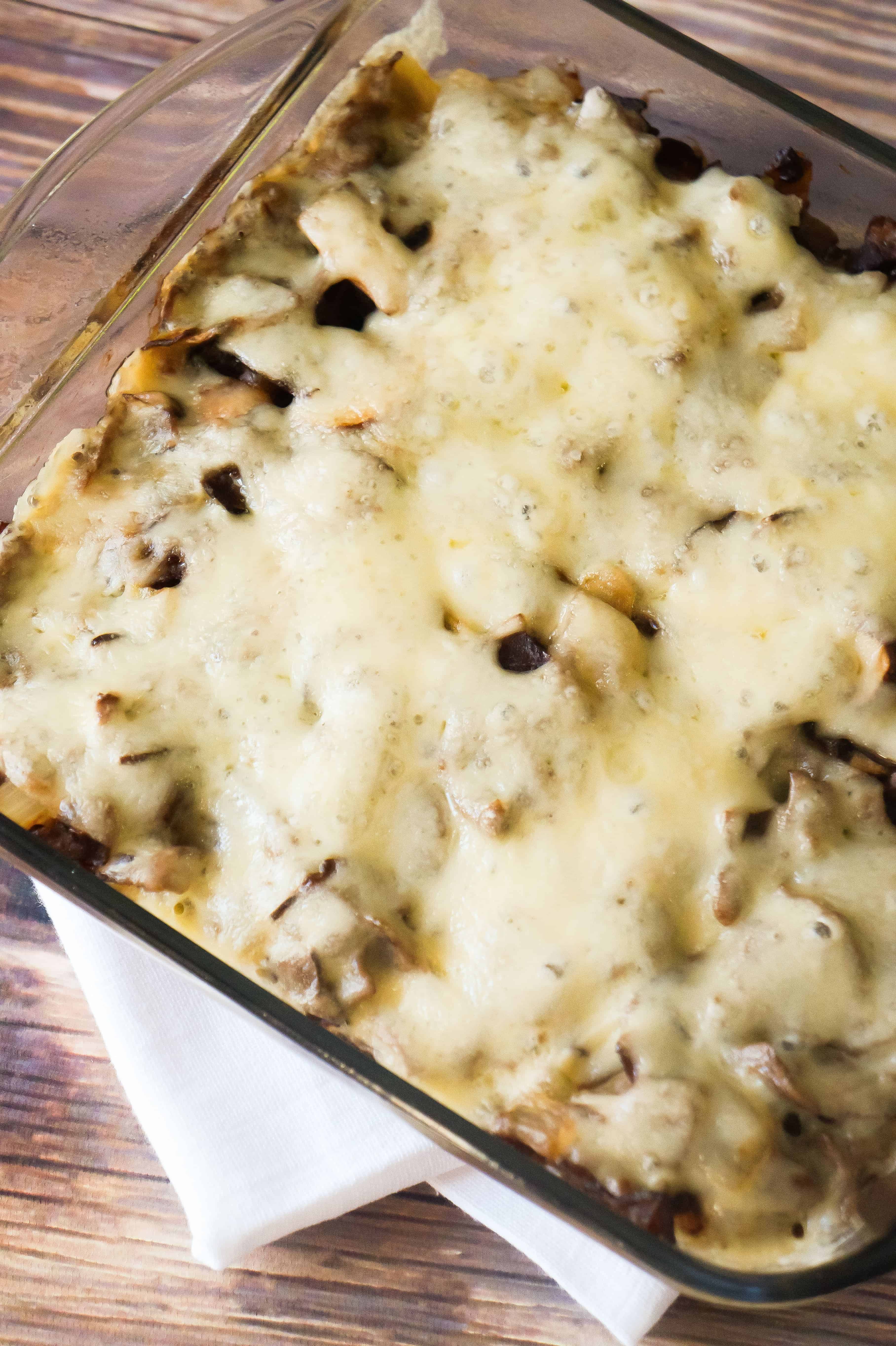 Mushroom Swiss Roast Beef Biscuit Bake is an easy beef casserole recipe.