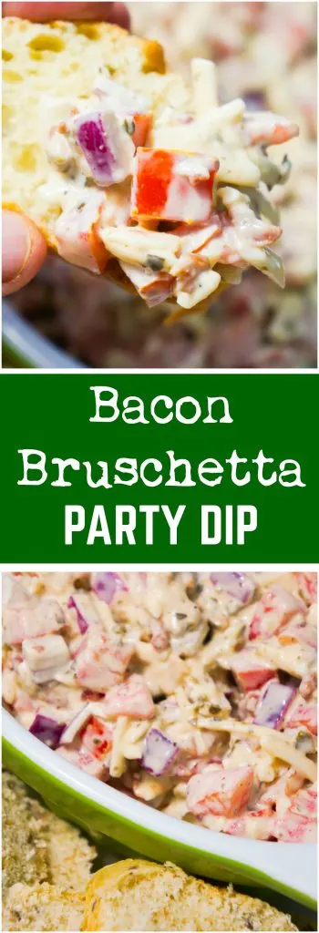 Bacon Bruschetta Party Dip is an easy appetizer recipe loaded with tomatoes, bacon, cheese, basil pesto and mayo. This cold dip can be served with sliced baguette or crackers.