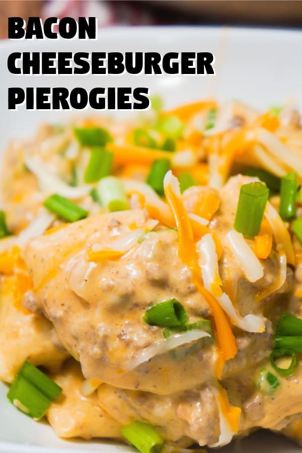 Easy Dinner Recipe using frozen pierogies and ground beef. This potato dish is a fun change from bacon cheeseburger pasta recipes.