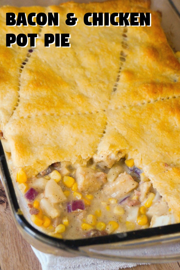 Easy Chicken Dinner Recipe using chicken nuggets and Pillsbury Crescent rolls. This chicken pot pie casserole is loaded with bacon and corn.