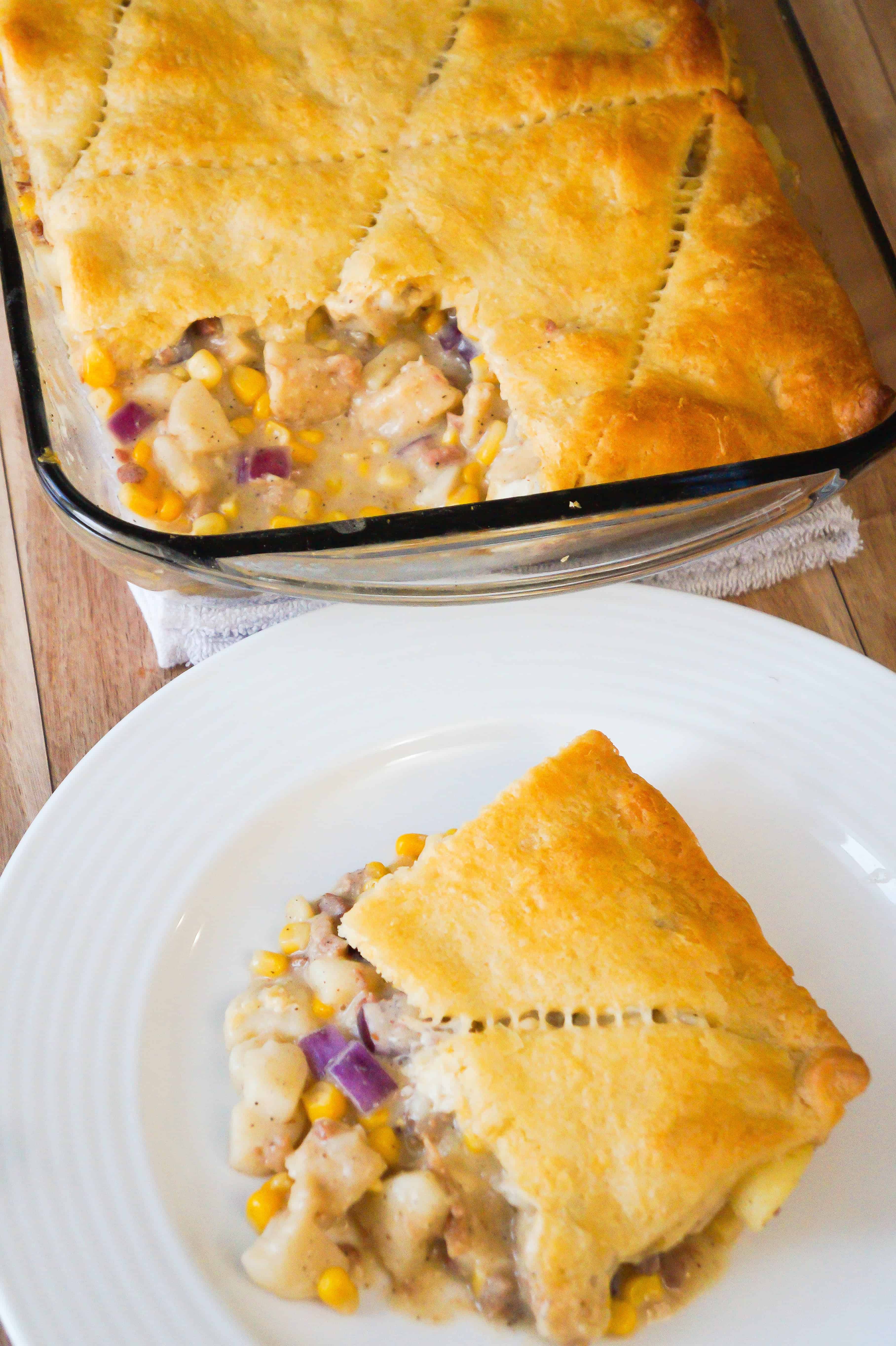 Easy chicken casserole with bacon and Pillsbury Crescent Rolls.