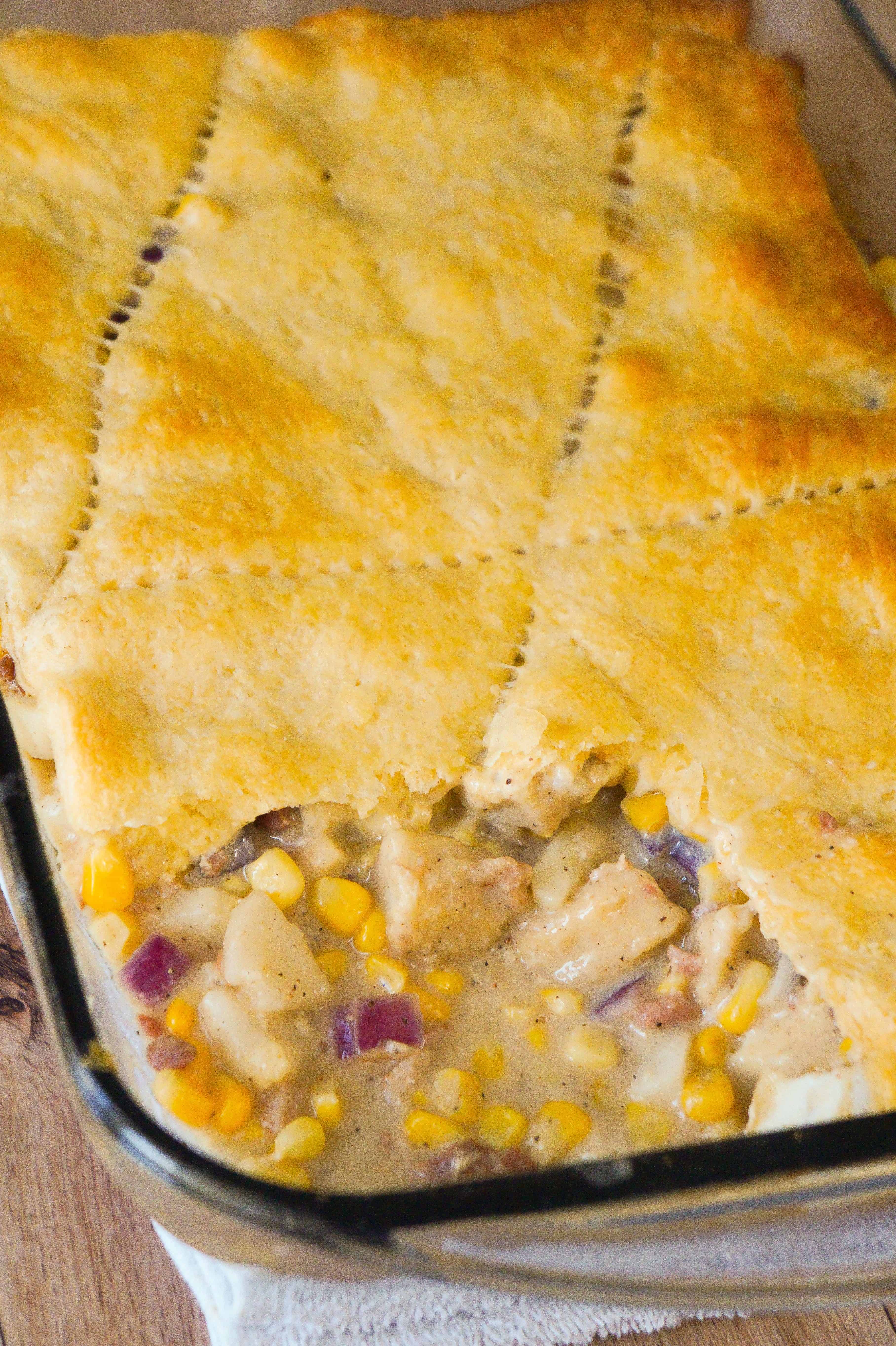 Bacon Chicken Pot Pie Casserole topped with Crescent Rolls is the perfect winter comfort food dish.