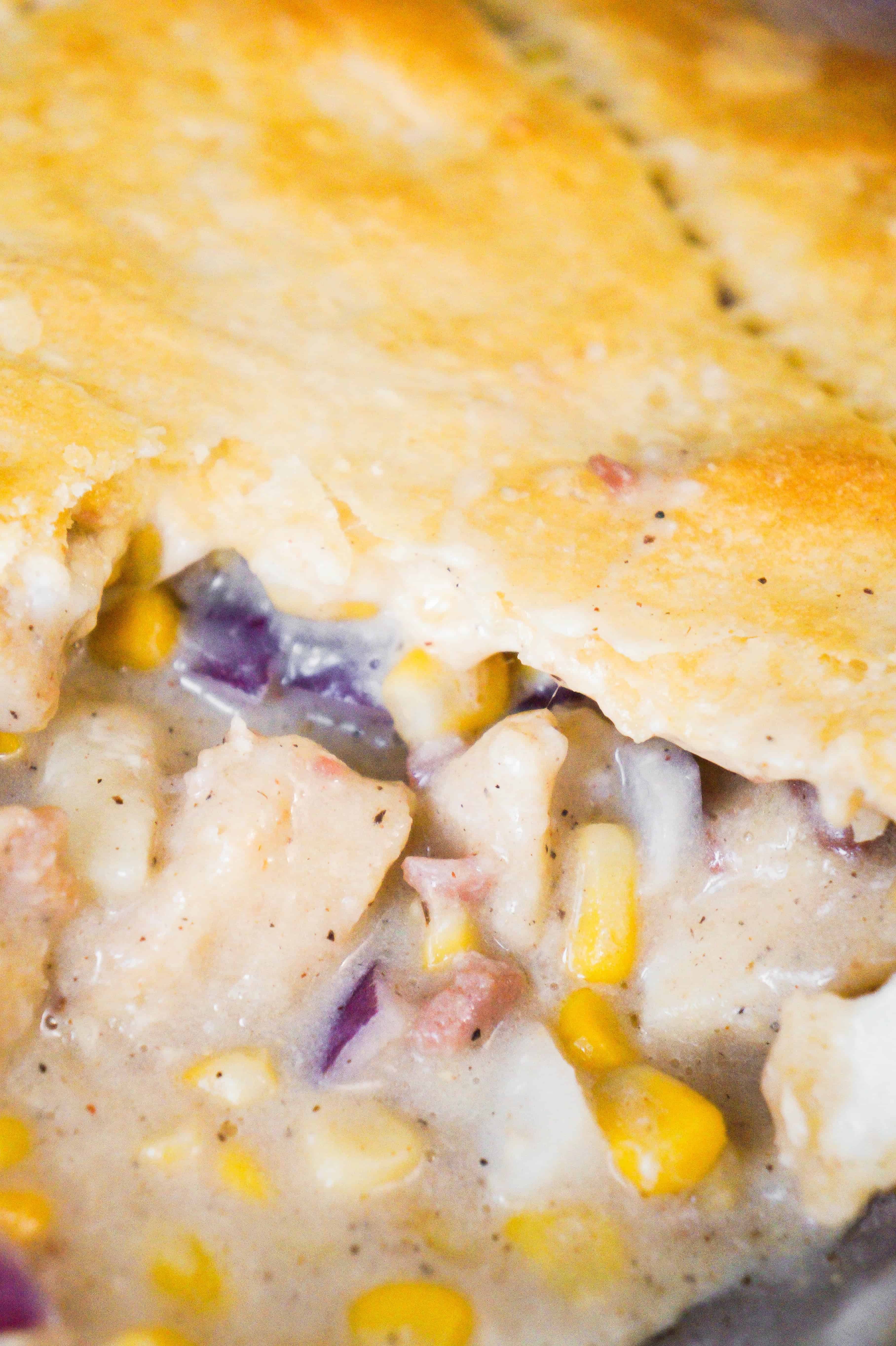 Easy chicken pot pie style casserole. This easy chicken casserole is topped with Pillsbury crescent rolls.