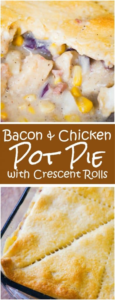 Bacon Chicken Pot Pie with Crescent Rolls is an easy chicken casserole recipe perfect for cold weather. This hearty comfort food dish is loaded with chicken nuggets, real bacon bits and potatoes in a Pillsbury Crescent Roll Crust.