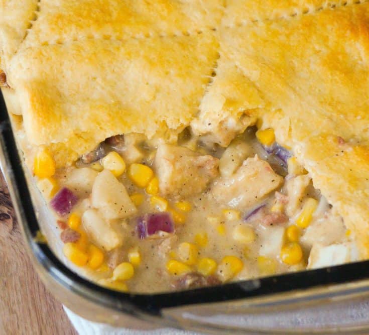 Easy chicken pot pie recipe with Pillsbury crescent rolls.