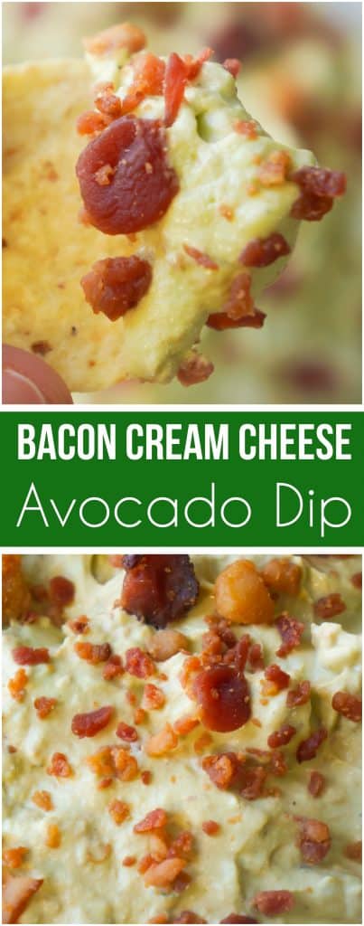Bacon Cream Cheese Avocado Dip is the perfect party chip dip recipe. If you like guacamole but are looking for something a little richer you will love this avocado dip loaded with cream cheese and real bacon bits.