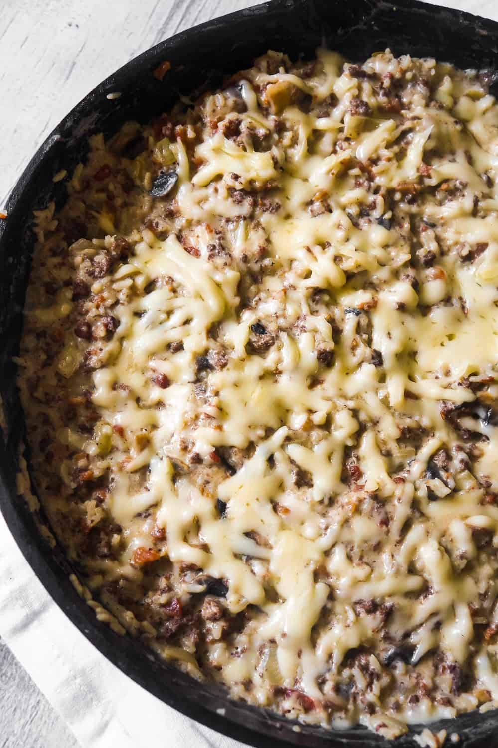 Bacon Mushroom Swiss Ground Beef and Rice is an easy stove top dinner recipe that can be on the table in under 30 minutes. This ground beef dish is loaded with sliced mushrooms, real bacon bits and Swiss cheese.