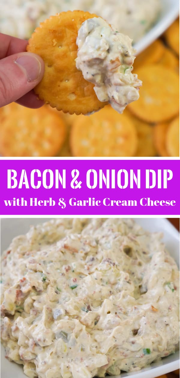 Bacon and Onion Dip with Herb and Garlic Cream Cheese is an easy party dip for serving with crackers or chips. This cold dip is perfect for summer potlucks and BBQs.