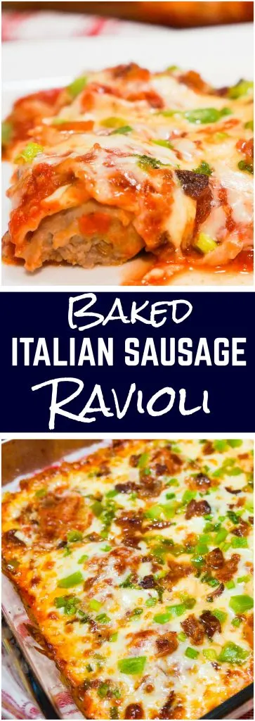 Baked Italian Sausage Ravioli is an easy dinner recipe that cooks up in one pan. Wonton wrappers are used to make the homemade ravioli which is topped with tomato sauce, cheese, green peppers and bacon.