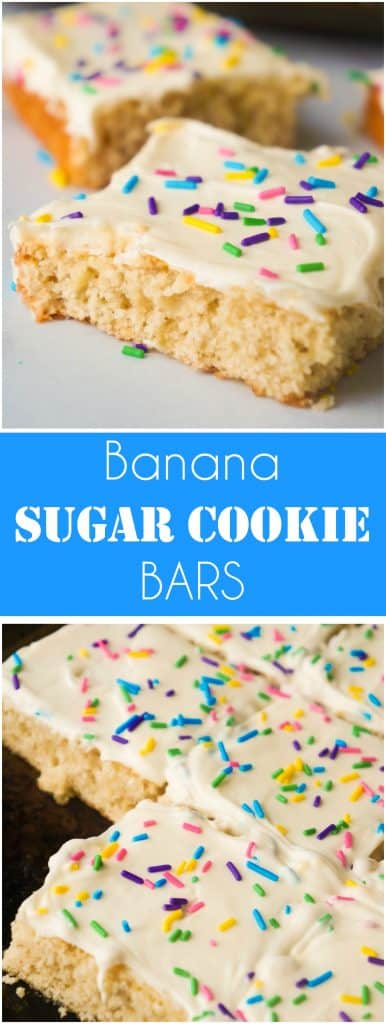 Banana Sugar Cookie Bars are an easy dessert recipe using only five ingredients. Sugar Cookie mix and ripe bananas form the base of these cookie bars which are topped with vanilla icing and colourful sprinkles.