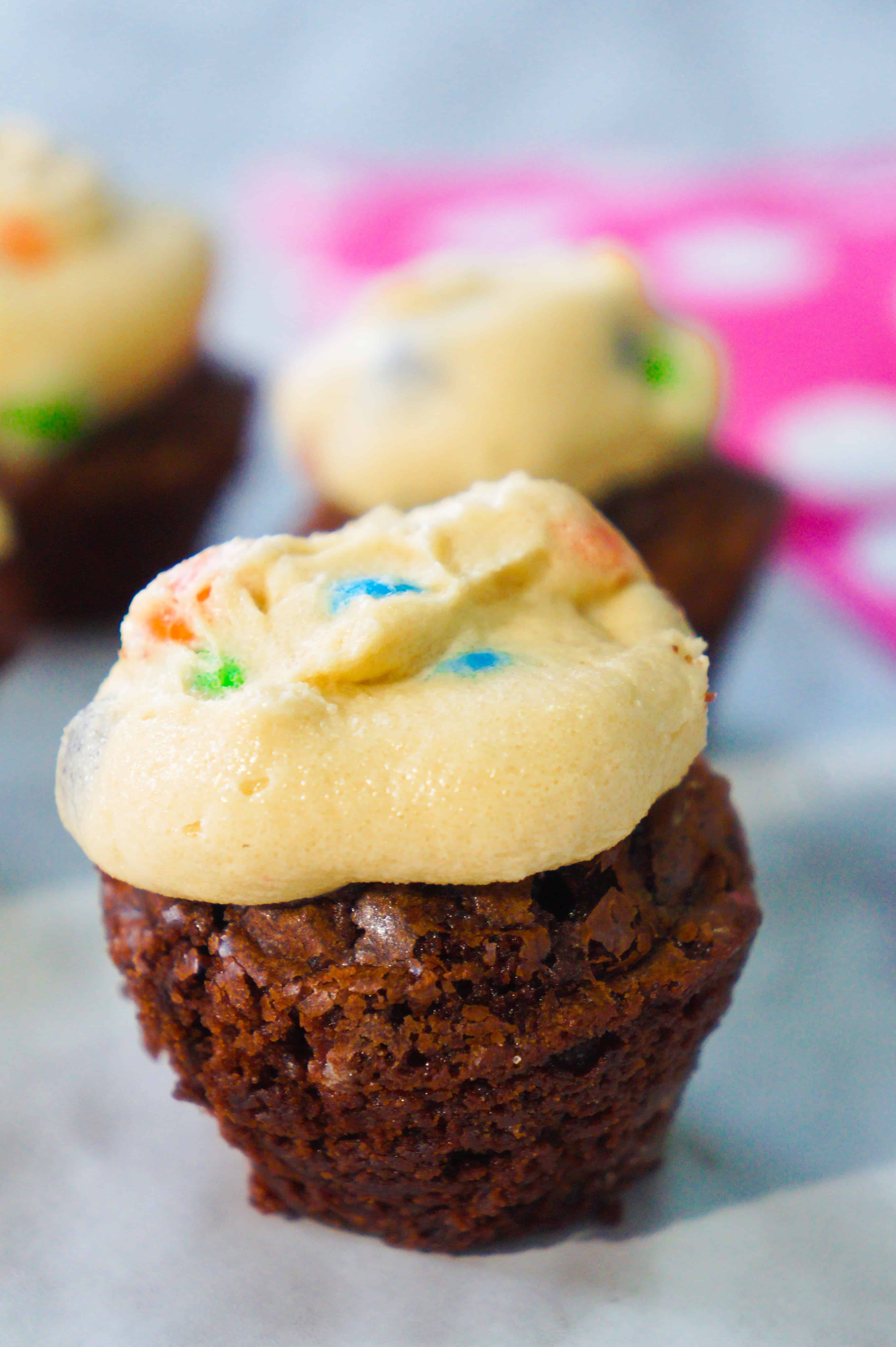 Bite Size Brownies with Cookie Dough Frosting. Easy mini dessert recipe. Mini cookie dough brownies with M&Ms.