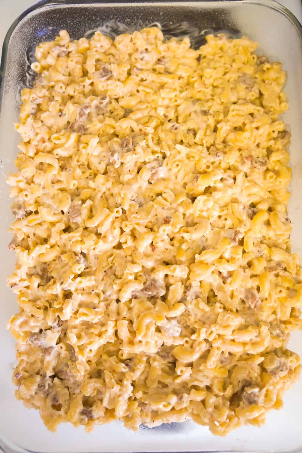 breakfast mac and cheese in a baking dish