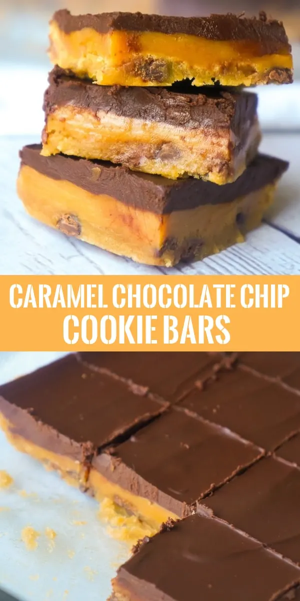 Caramel Chocolate Chip Cookie Bars are an easy dessert recipe using Pillsbury cookie dough. These decadent cookie bars are topped with creamy caramel and a layer of chocolate and are very similar to millionaire bars.