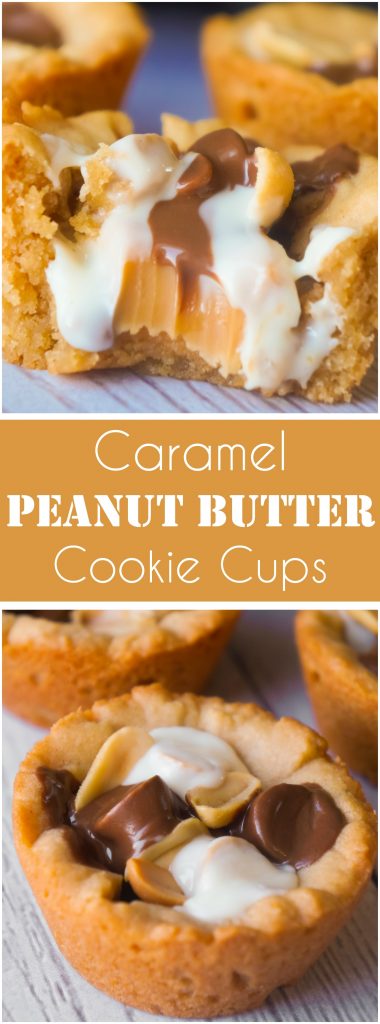 Caramel Peanut Butter Cookie Cups are an easy peanut butter dessert recipe. These cookie cups are filled with caramels, mini peanut butter cups, white chocolate peanut butter cups and roasted peanuts.