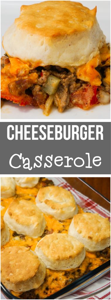 This Cheeseburger Casserole is a great easy dinner recipe using ground beef. This easy hamburger casserole is loaded with ground beef, cheese, tomatoes, pickles, onions, ketchup and mustard and topped with Pillsbury biscuits.