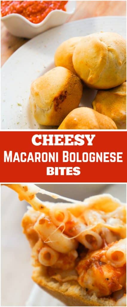 Cheesy Macaroni Bolognese Bites. Easy party food idea. Tasty Pillsbury dough stuffed with macaroni and cheese. Simple snack recipe with meaty bolognese sauce and cheese.